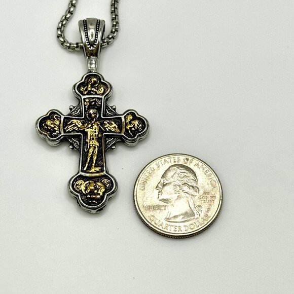 TwoTone Catholic Cross Heavy Pendant and Necklace #1434 - Picture 7 of 8